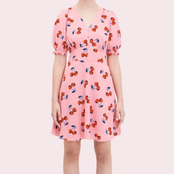 kate spade Dresses & Skirts - Kate Spade Cherry Toss Puff Sleeve Mini Dress Pink Red V Neck Buttons Small 6
